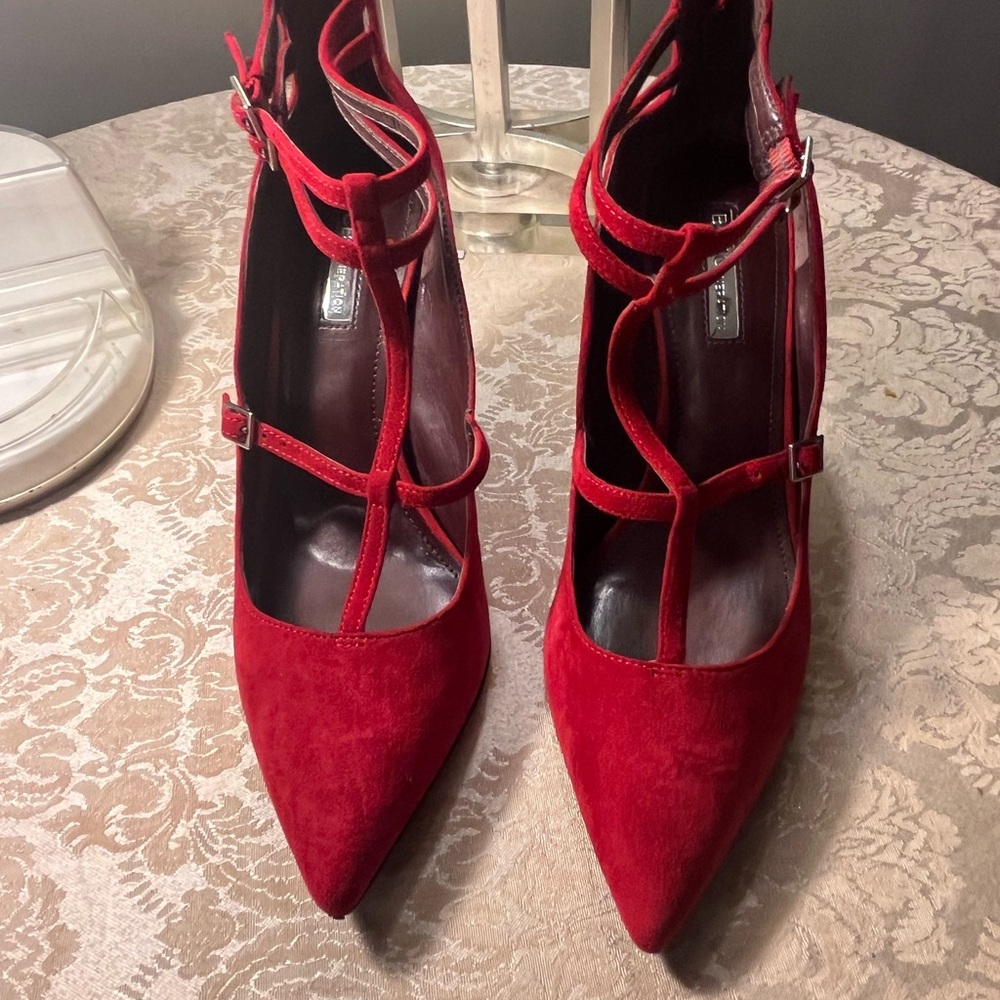 Red Suede T-Strap Pumps